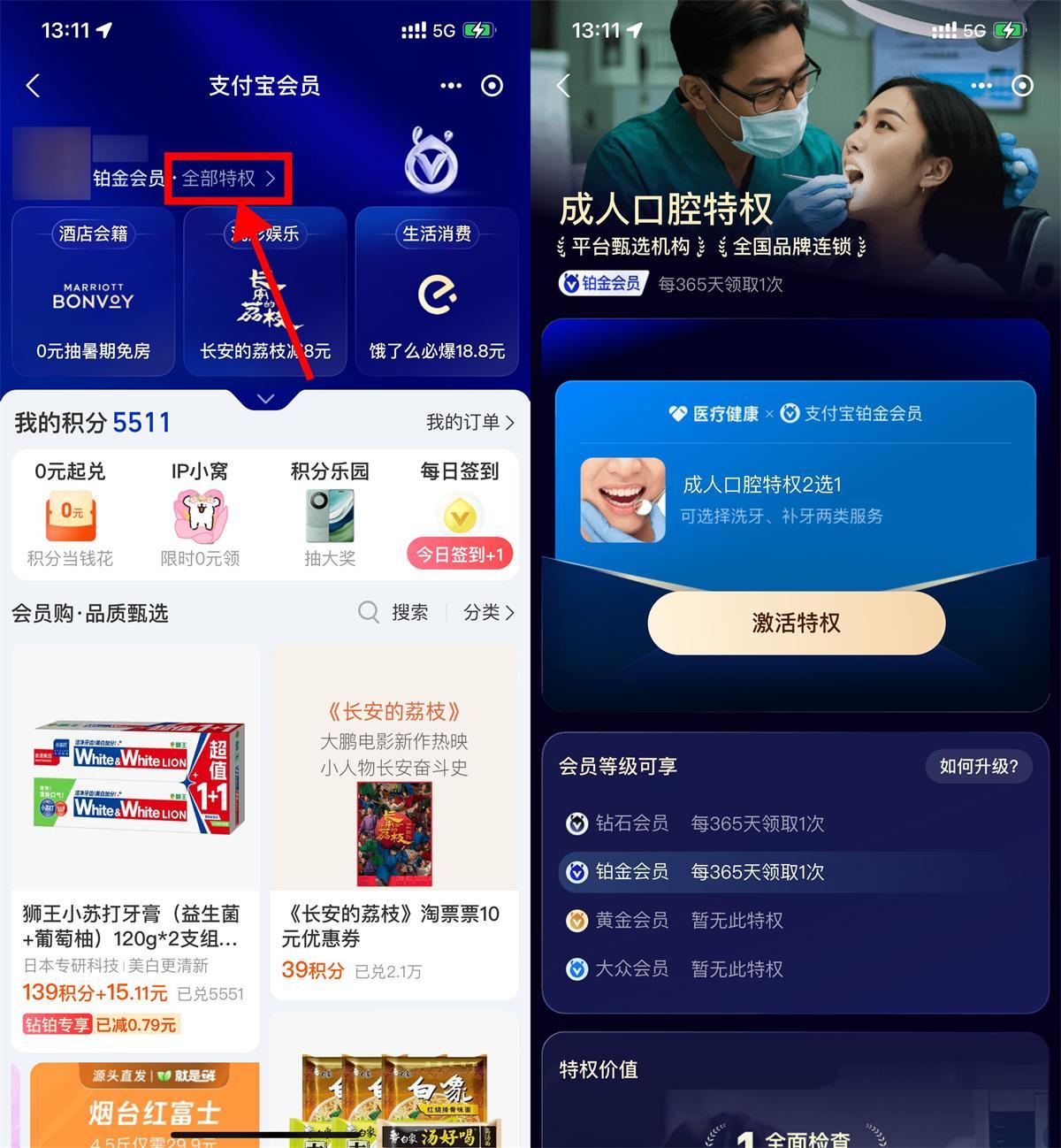 支付宝铂金钻石会员免费洗牙-聚合资源