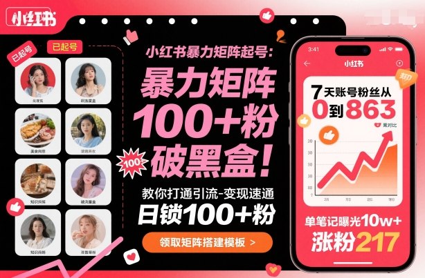 小红书暴力矩阵起号，教你打通引流-变现速通，日锁100+粉，破流量黑盒-聚合资源