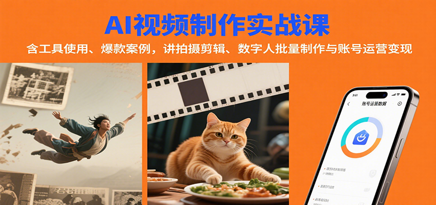 AI视频制作实战：含工具使用、爆款案例，讲拍摄剪辑、数字人批量制作与账号运营变现-聚合资源
