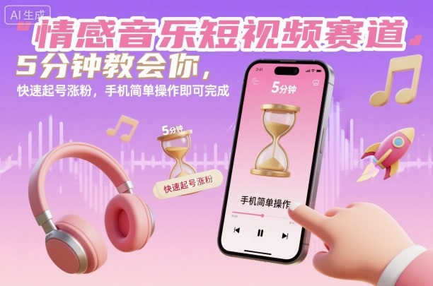 情感音乐短视频赛道，5分钟教会你，快速起号涨粉，手机简单操作即可完成-聚合资源