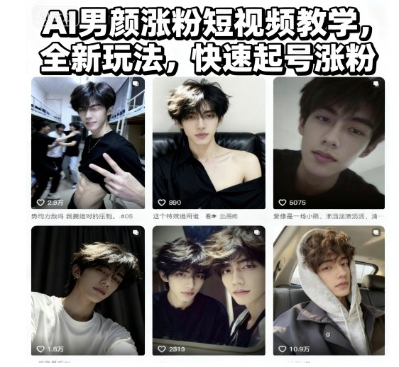 AI男颜涨粉短视频教学，全新玩法，快速起号涨粉-聚合资源
