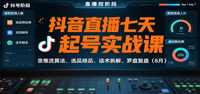 抖音直播七天起号实战课：含推流算法、选品排品、话术拆解、罗盘复盘(8月)-聚合资源