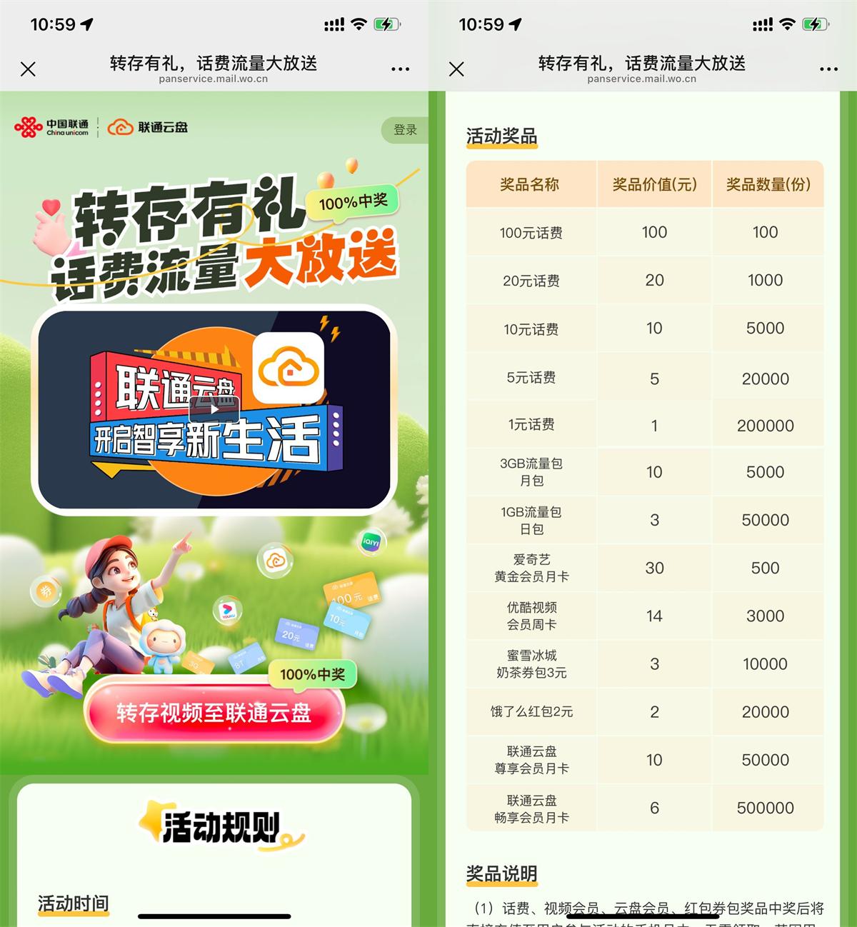 联通云盘转存抽1~100亓话费-聚合资源