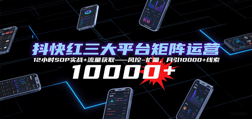 抖快红三大平台矩阵运营，12小时SOP实战+流量获取-风控-扩量，月引10000+线索-聚合资源