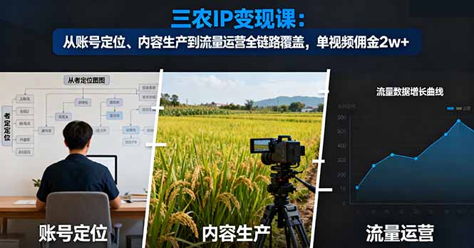 三农IP变现课:从账号定位、内容生产到流量运营全链路覆盖,单视频佣金2w+-聚合资源