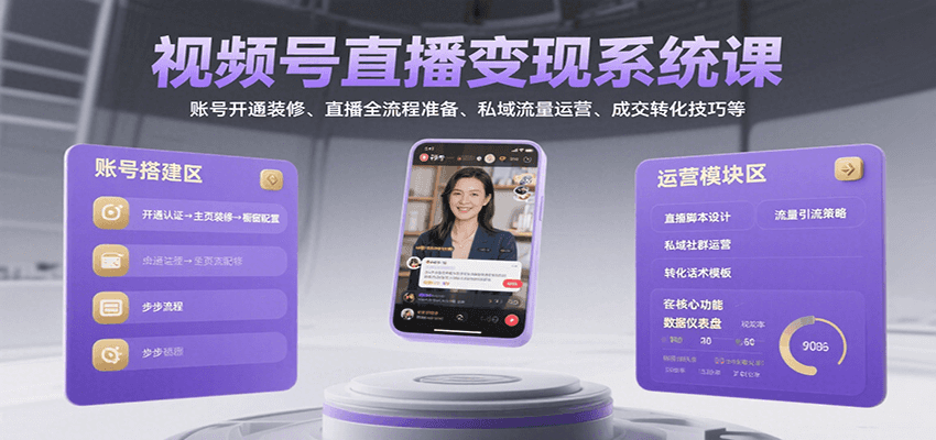 视频号直播变现系统课，账号开通装修、直播全流程准备、私域流量运营、成交转化技巧等-聚合资源