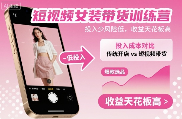 短视频女装带货训练营，投入少风险低，收益天花板高-聚合资源