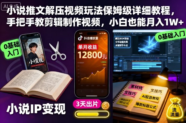 小说推文解压视频玩法保姆级详细教程,手把手教剪辑制作视频,小白也能月入1W+-聚合资源