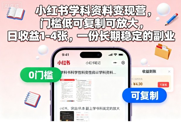 小红书学科资料变现营，门槛低可复制可放大，日收益1-4张，一份长期稳定的副业-聚合资源