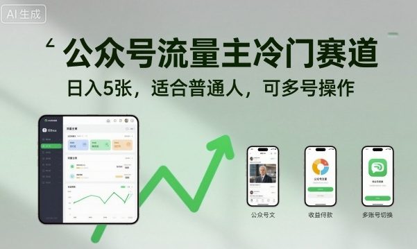 公众号流量主冷门赛道，日入5张，适合普通人，可多号操作-聚合资源