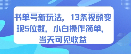 书单号新玩法，13条视频变现5位数，小白操作简单，当天可见收益-聚合资源