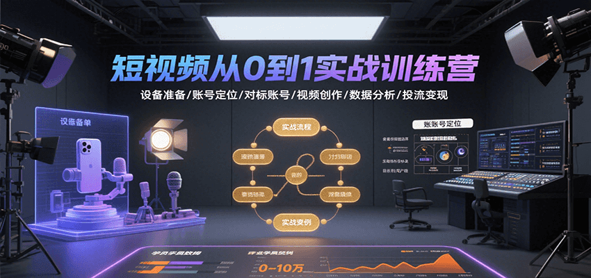短视频从0到1实战训练营:设备准备/账号定位/对标账号/视频创作/数据分析/投流变现-聚合资源
