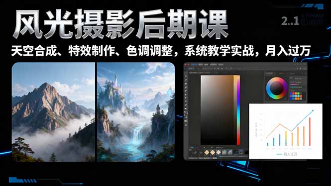风光摄影后期课,一键换天空合成、特效制作、色调调整,月入过万-聚合资源