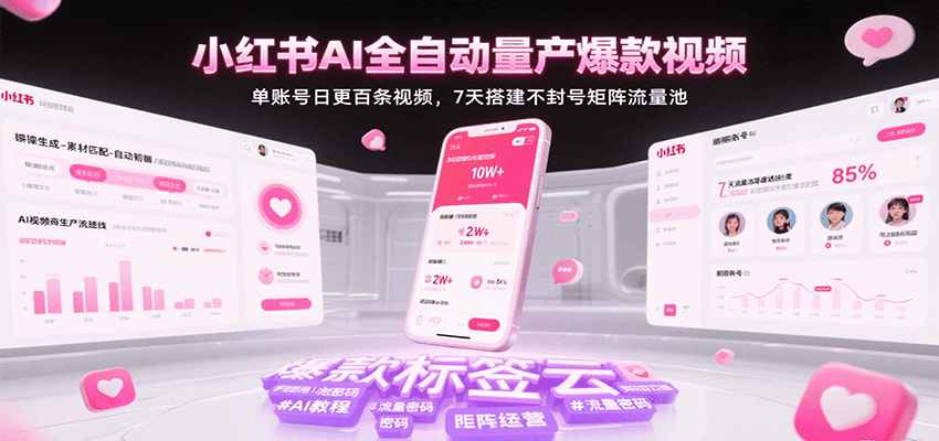 小红书AI全自动量产爆款视频,单账号日更百条视频,7天搭建不封号矩阵流量池-聚合资源