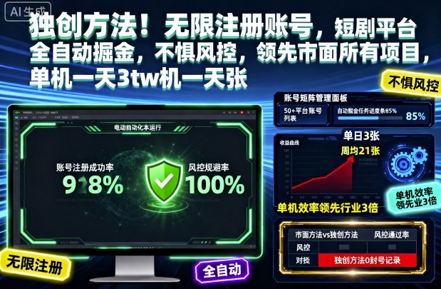 独创方法!无限注册账号,短剧平台全自动掘金,不惧风控,领先市面所有项目,单机一天3张【揭秘】-聚合资源